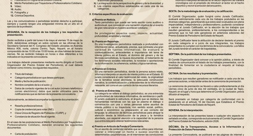 Convoca Comité Organizador al Premio Estatal de Periodismo 2026