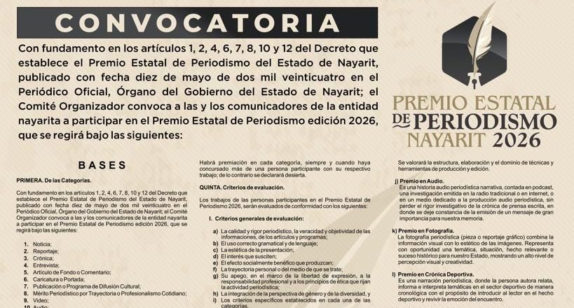 Convoca Comité Organizador al Premio Estatal de Periodismo 2026