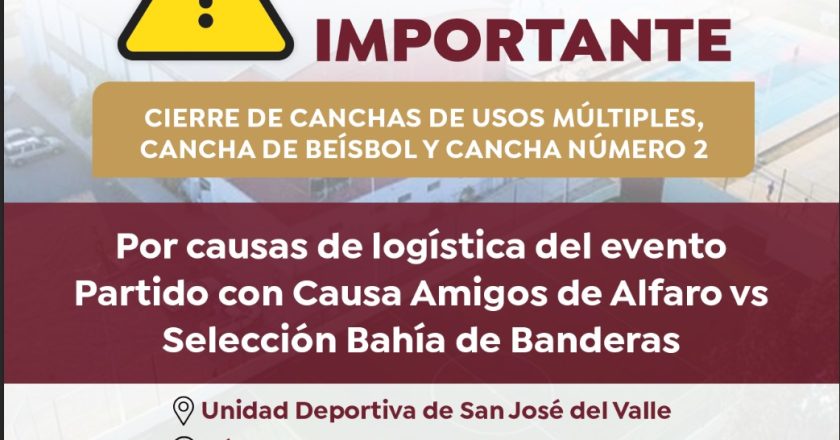 Cerrarán temporalmente espacios deportivos de la Unidad Deportiva de San José del Valle